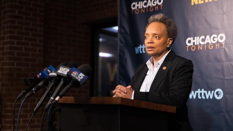 Mayor Lori Lightfoot fields questions from the news media on Feb. 7, 2023, after the WTTW News mayoral forum. (Michael Izquierdo / WTTW News)