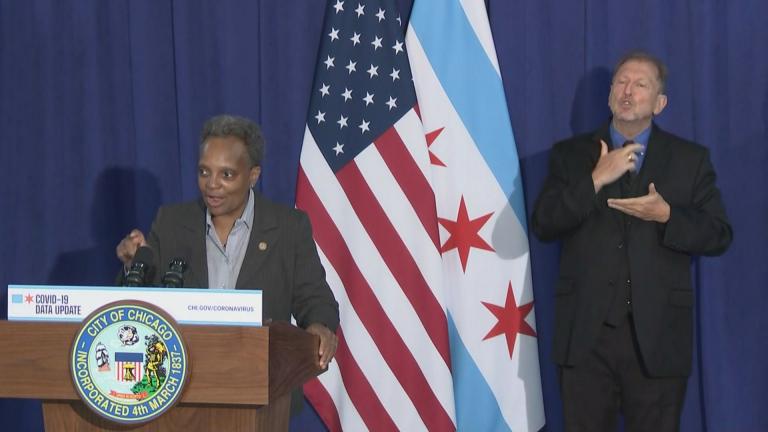 Mayor Lori Lightfoot talks about rising coronavirus cases at a Monday, Oct. 19, 2020 press conference. (WTTW News) Mayor Lori Lightfoot talks about rising coronavirus cases at a Monday, Oct. 19, 2020 press conference. (WTTW News)