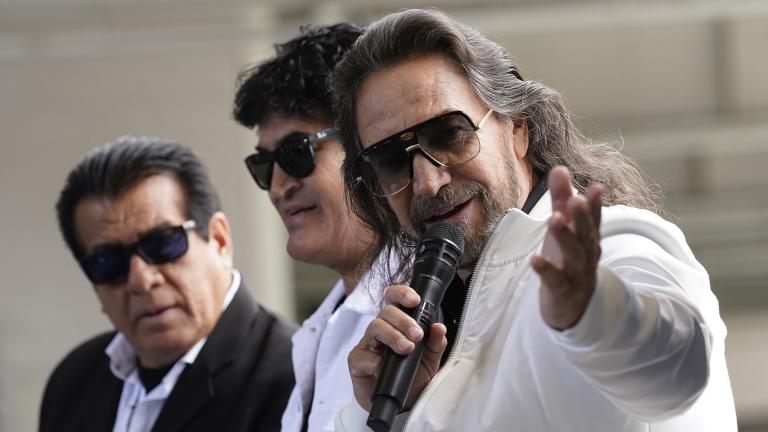 Members of the Mexican grupera band Los Bukis, from left, Pedro Sanchez, Roberto Guadarrama and Marco Antonio Solis attend a press conference at SoFi Stadium on Monday, June 14, 2021, in Inglewood, Calif. (AP Photo / Chris Pizzello)