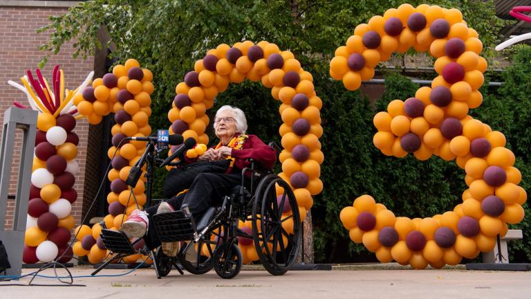 Sister Jean Dolores Schmidt speaks to reporters, during her 103rd birthday celebration at Sister Jean Dolores Schmidt, BVM Plaza next to the Loyola Red Line station in Chicago, Sunday, Aug. 21, 2022. (Tyler Pasciak LaRiviere / Chicago Sun-Times via AP)