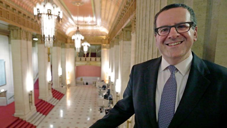 Anthony Freud, general director of the Lyric Opera of Chicago, poses on the mezzanine overlooking the foyer at the Lyric on Dec. 11, 2014. (AP Photo / M. Spencer Green, File)