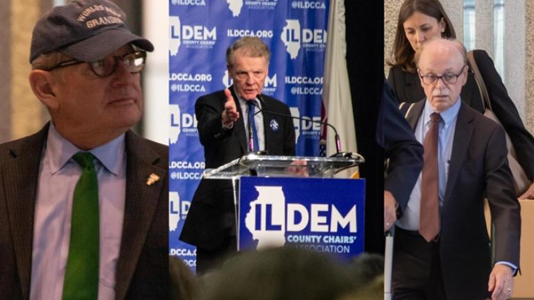 Former House Speaker Michael Madigan (middle), confidant Mike McClain (left) and longtime chief of staff Tim Mapes are pictured in Capitol News Illinois file photos. (Capitol News Illinois photos by Andrew Adams and Jerry Nowicki)