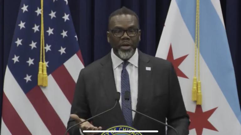 Mayor Brandon Johnson addresses the news media on Thursday, Feb. 15, 2024. (Heather Cherone/WTTW)
