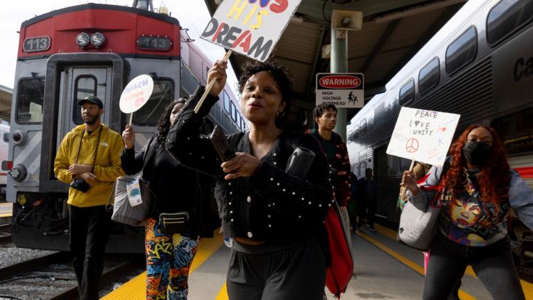 FILE - Passengers depart the Caltrain Norcal MLK Celebration Train in San Francisco on Martin Luther King Jr. Day on Monday, Jan. 15, 2024. (Benjamin Fanjoy / San Francisco Chronicle via AP, File)