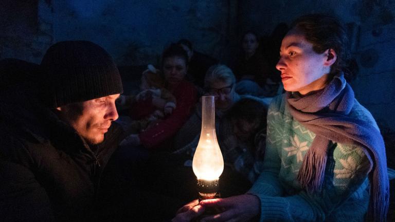 People take shelter in a youth theater in Mariupol, Ukraine, March 6, 2022. Still from FRONTLINE PBS and AP’s feature film “20 Days in Mariupol." (AP Photo / Mstyslav Chernov)