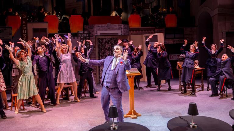 Cary Lovett and the cast of “Guys and Dolls,” from Music Theater Works, now playing through March 30, 2025, at the North Shore Center for the Performing Arts in Skokie. (Brett Beiner) 