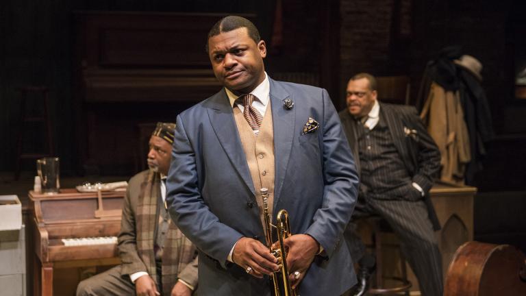 From left: David Alan Anderson, Kelvin Roston, Jr. and A.C. Smith in “Ma Rainey’s Black Bottom” at Writers Theatre. (Photo credit: Michael Brosilow)