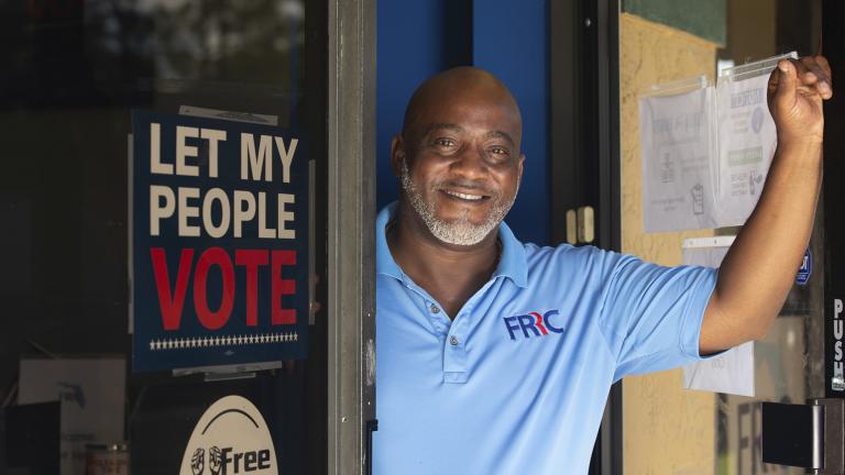 In this photo provided by the John D. and Catherine T. MacArthur Foundation, Desmond Meade poses for a portrait Monday, Sept. 13, 2021 at the Florida Rights Restoration Coalition’s headquarters in Orlando, Fla. (John D. and Catherine T. MacArthur Foundation via AP)