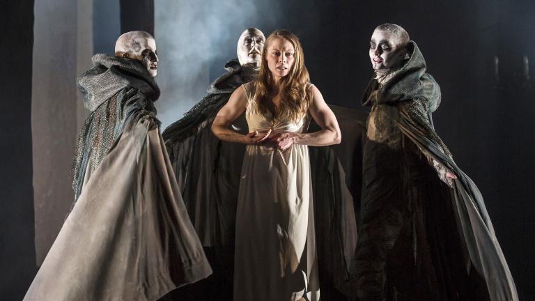 Lady Macbeth (Chaon Cross) is taunted by the unseen Weird Sisters in Chicago Shakespeare Theater’s production of “Macbeth.” (Photo by Liz Lauren)