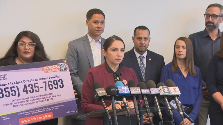 U.S. Rep. Delia Ramirez, center, was joined by other elected leaders and community members in calling for the release of Ruben Torres Maldonado, a Chicago man who was detained by ICE and whose daughter is fighting cancer, during a news conference on Oct. 22, 2025. (WTTW News)