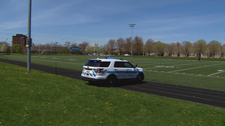 A Chicago police vehicle blocks the track at Mandrake Park on the city’s South Side. (WTTW News)