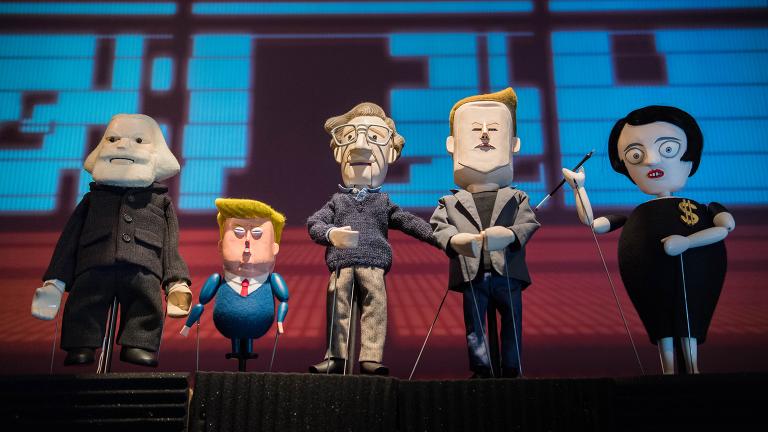Pedro Reyes’s puppet play “Manufacturing Mischief,”featuring Karl Marx, Tiny Trump, Noam Chomsky, Elon Musk and Ayn Rand. (Photos by Sham Sthankiya April 2018)