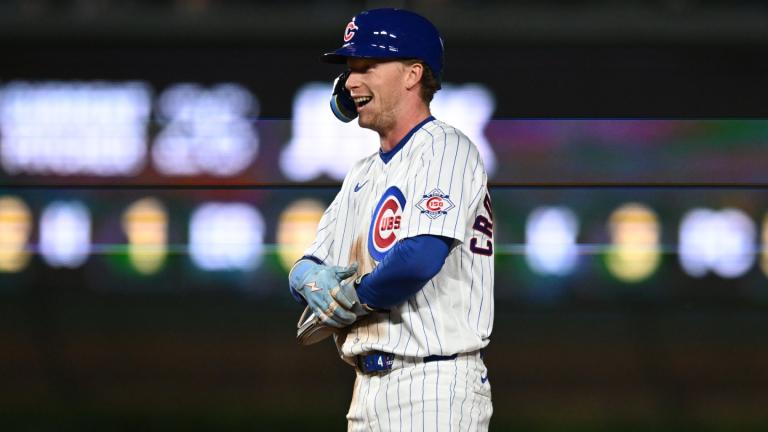 Chicago Cubs' Pete Crow-Armstrong celebrates after stealing second base during the third inning of a baseball game against the Miami Marlins Tuesday, Sept. 22, 2026, in Chicago. (AP Photo / Paul Beaty)