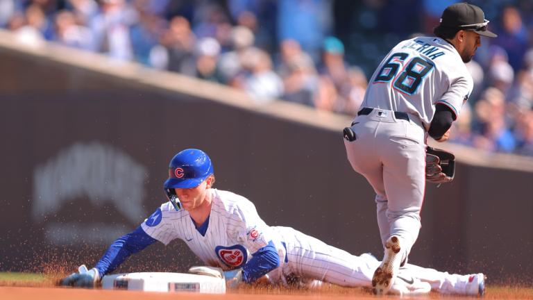 Chicago Cubs' Pete Crow-Armstrong steals second base for his 40th steal of the season during the first inning of a baseball game against the Miami Marlins, Thursday , Sept. 24, 2026, in Chicago. (AP Photo / Melissa Tamez)