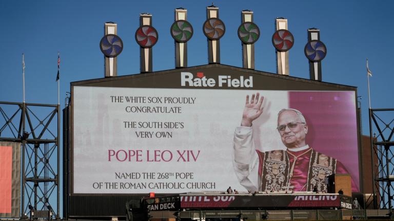 The Chicago White Sox honors Pope Leo XIV on the scoreboard before a baseball game against the Miami Marlins, Friday, May 8, 2025, in Chicago. (AP Photo / David Banks)