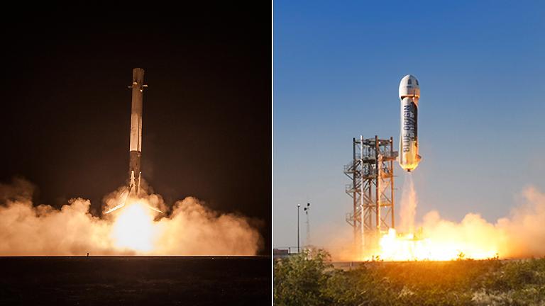 SpaceX's Falcon 9, left, and Blue Origin's New Shepard. (SpaceX / Flickr, Franke360 / Wikimedia)