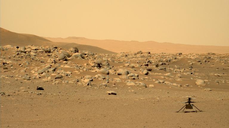 This processed image of NASA’s Ingenuity Mars Helicopter was taken by the Mastcam-Z instrument of the Perseverance rover on June 15, 2021. (Courtesy of NASA)