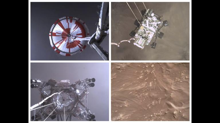 This combination of images from video made available by NASA shows steps in the descent of the Mars Perseverance rover as it approaches the surface of the planet on Thursday, Feb. 18, 2021. (NASA/JPL-Caltech via AP)