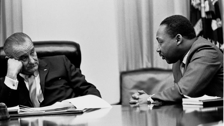 President Lyndon B. Johnson meets with Martin Luther King Jr. in the White House Cabinet Room in 1966.