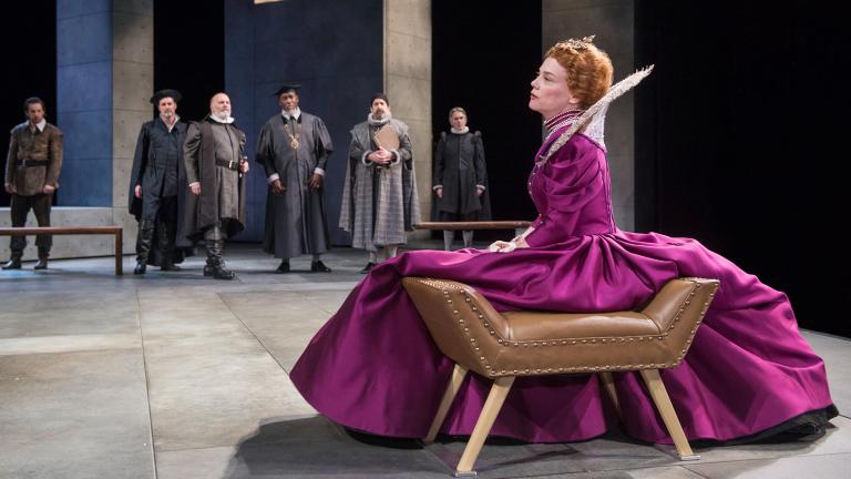 Queen Elizabeth I (Kellie Overbey) contemplates her next move in Chicago Shakespeare Theater’s production of “Schiller’s Mary Stuart.” (Credit: Michael Brosilow)