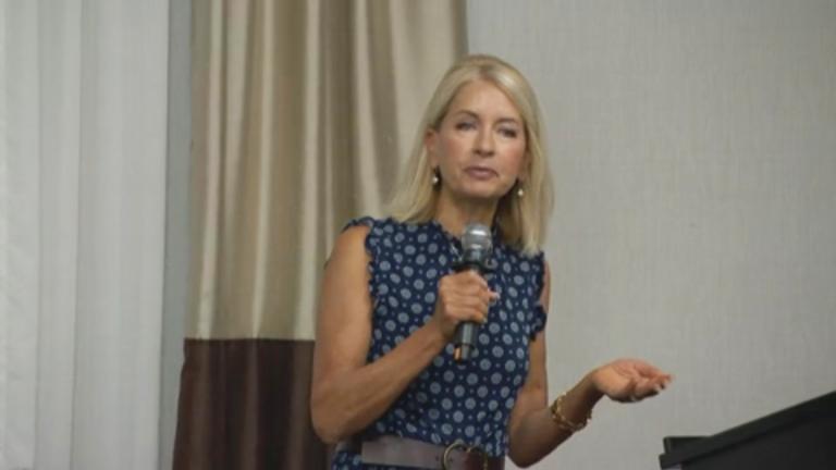 U.S. Rep. Mary Miller (R-Illinois) speaks at the Illinois delegation breakfast on July 17, 2024. (WTTW News)