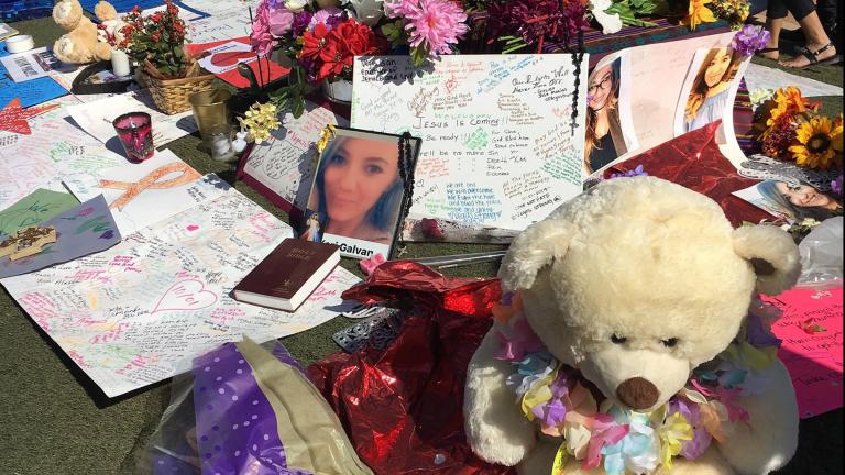 A memorial in Las Vegas for victims of the Oct. 1, 2017 shooting that left 58 dead and more than 500 wounded. (Jay Smith / WTTW News)