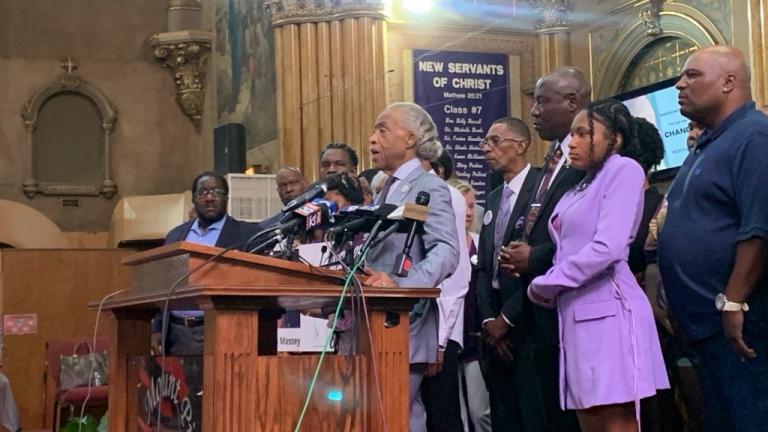 The Rev. Al Sharpton and members of Sonya Massey’s family gather at New Mount Pilgrim Church on July 30, 2024. (Eunice Alpasan / WTTW News)