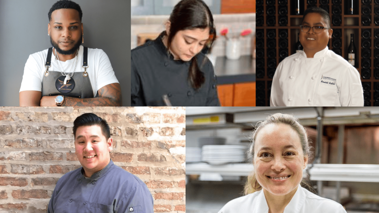 Top row, left to right: Sebastian White of the Evolved Network, Arshiya Farheen of Verzênay Patisserie and Randall Sabado of Cooper's Hawk. Bottom row, left to right: Ricky Sakoda, formerly of Merriman's, and Sarah Stegner of Prairie Grass Cafe. (Sebastian White / Verzênay / Randall Sabado / Ricky Sakoda / Prairie Grass Cafe)