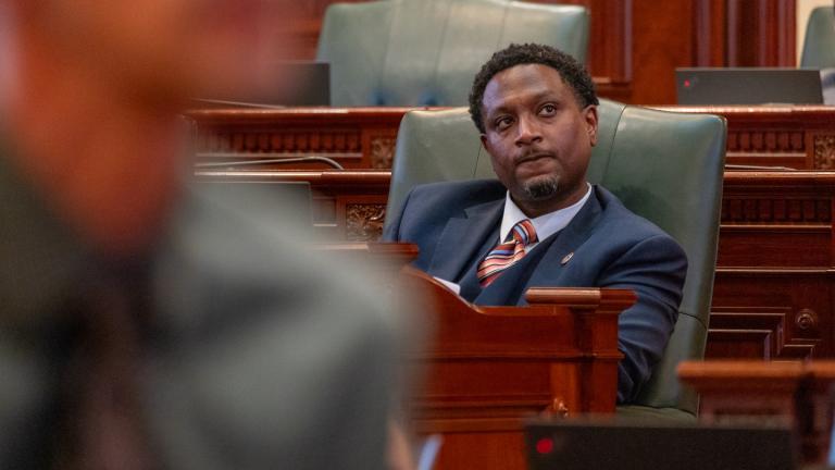 State Rep. Maurice West, D-Rockford, prepares for a debate over a broad package of election legislation. (Andrew Adams / Capitol News Illinois) 