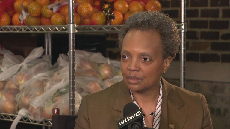 Chicago Mayor Lori Lightfoot appears on “Chicago Tonight” on location in the East Garfield Park neighborhood on Wednesday, April 1, 2020. (WTTW News)