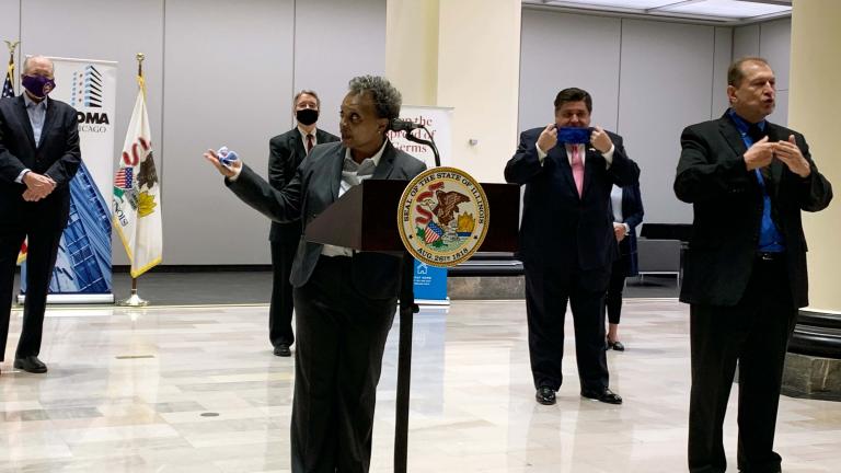Mayor Lori Lightfoot announces that COVID-19 vaccination clinics will be held in office buildings as employees return to work at a news conference Monday, May 10, 2021. (Heather Cherone / WTTW News)