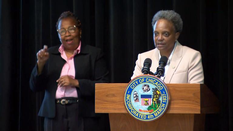 Mayor Lori Lightfoot talks about a vaccine requirement for city workers on Monday, Aug. 23, 2021. (WTTW News) Mayor Lori Lightfoot talks about a vaccine requirement for city workers on Monday, Aug. 23, 2021. (WTTW News)