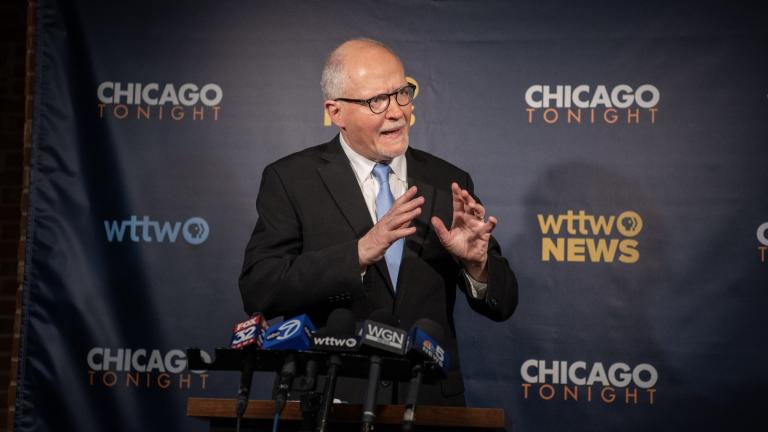 Paul Vallas fields questions from the news media on Feb. 7, 2023, after the WTTW News mayoral forum. (Liz Markel / WTTW)