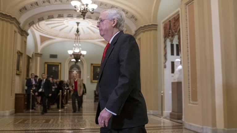 Senate Majority Leader Mitch McConnell, R-Ky., arrives at the Senate for the start of the impeachment trial of President Donald Trump on charges of abuse of power and obstruction of Congress, at the Capitol in Washington, Tuesday, Jan. 21, 2020. (AP Photo / J. Scott Applewhite)