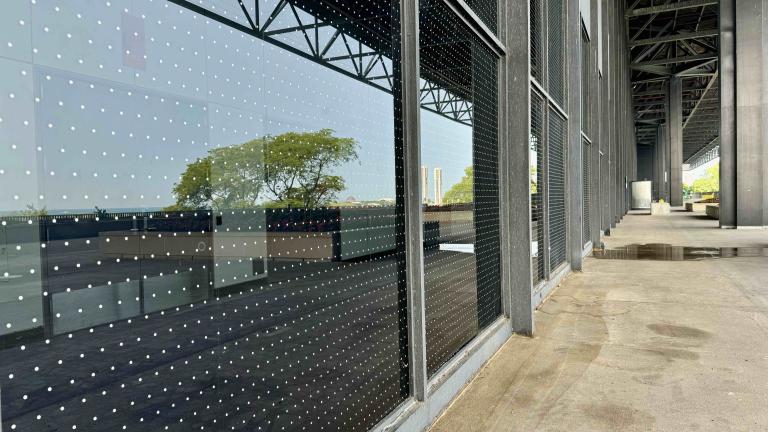 Bird-friendly window film installed at McCormick Place Lakeside Center. (Patty Wetli / WTTW News)