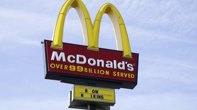 A sign is displayed outside a McDonald's restaurant, Tuesday, April 27, 2021, in Des Moines, Iowa. (AP Photo / Charlie Neibergall)