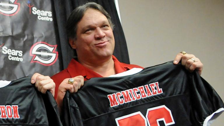 Former Chicago Bears defensive tackle Steve McMichael holds a Chicago Slaughter jersey during a news conference Feb. 19, 2010, in Chicago. (John J. Kim / Chicago Sun-Times via AP, File)