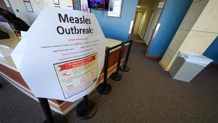 A measles sign is seen at the Texas Tech University Health Sciences Center, Feb. 25, 2025, in Lubbock, Texas. (AP Photo / Julio Cortez, file)