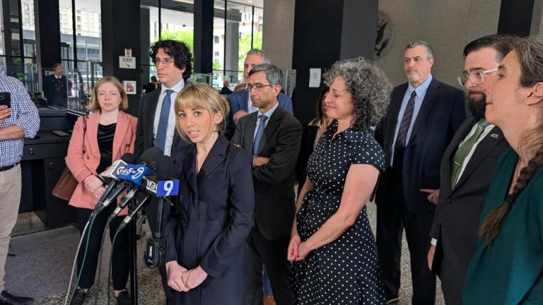 Former congressional candidate Kat Abughazaleh speaks to the news media on May 21, 2026, after federal prosecutors dropped charges against her in the so-called “Broadview Six” case. (Matt Masterson / WTTW News)
