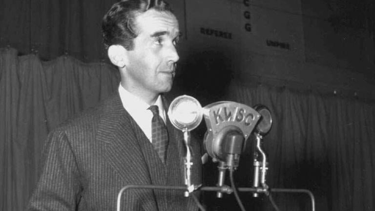 Edward R. Murrow, a CBS correspondent who made his name from the front lines of World War II and from confronting Sen. Joseph McCarthy during the 1950s Red Scare, during a speaking engagement. (AP Photo/Washington State University / The Columbian via AP)