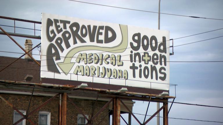 A billboard promotes medical marijuana in Chicago. (WTTW News)