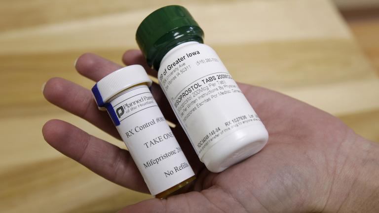 This Sept. 22, 2010 file photo shows bottles of the abortion-inducing drug RU-486 in Des Moines, Iowa. (AP Photo / Charlie Neibergall)