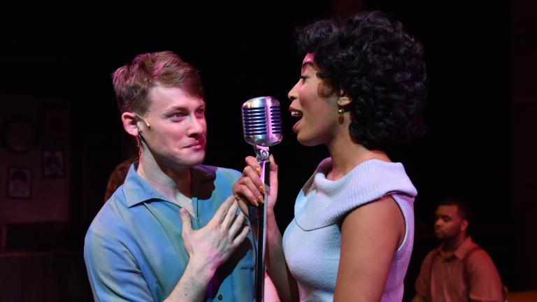 Liam Quealy as Huey Calhoun and Aeriel Williams as Felicia Farrell in “Memphis” from Porchlight Music Theatre. (Photo by Michael Courier)