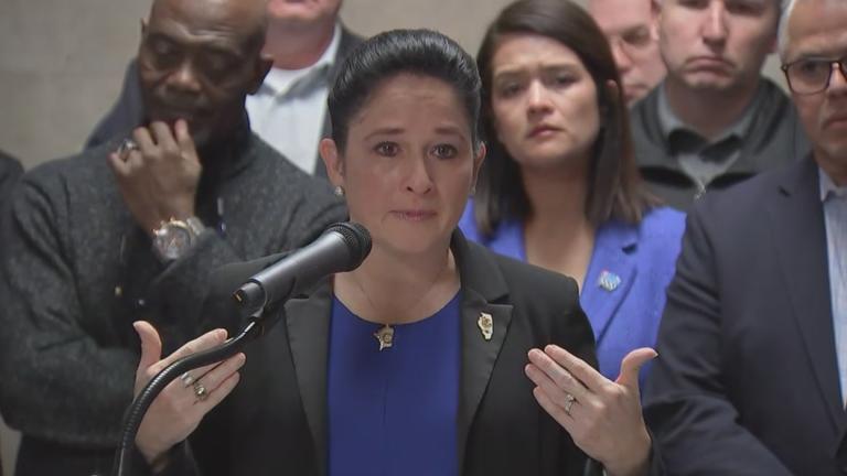 Illinois Comptroller Susana Mendoza addresses the news media at City Hall on Feb. 21, 2023. (WTTW News)