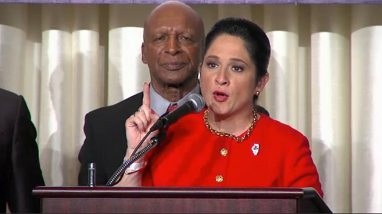 Susana Mendoza delivers her acceptance speech as Illinois' next comptroller. (blueroomstream.com)