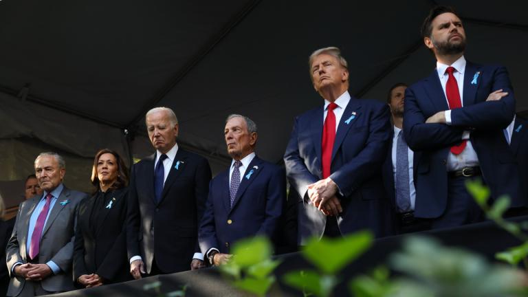 From left, Sen. Chuck Schumer, D-NY, Democratic presidential nominee Vice President Kamala Harris, President Joe Biden, Michael Bloomberg, Republican presidential nominee former President Donald Trump and Republican vice presidential nominee Sen. JD Vance, R-Ohio, attend the 9/11 Memorial ceremony on the 23rd anniversary of the Sept. 11, 2001 attacks, on Sept. 11, 2024, in New York. (AP Photo / Yuki Iwamura, File)