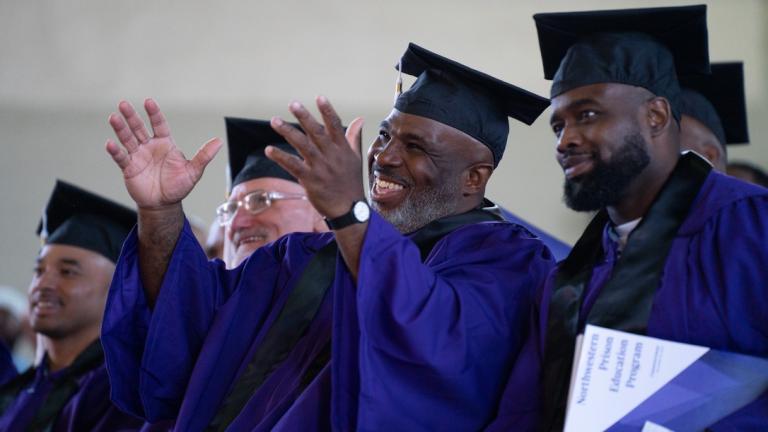 Michael Broadway is pictured in November 2023 during a Northwestern University graduation ceremony at Stateville Correctional Center. (Credit: Northwestern University)