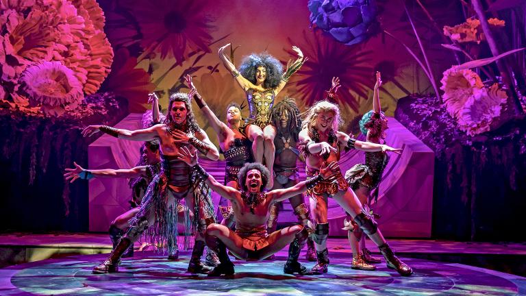 Led in revels by the First Fairy (Adrienne Storrs) and Puck (Sam Kebede), the fairy ensemble gather to “Rock the Ground” in “A Midsummer Night’s Dream.” (Photo by Liz Lauren)