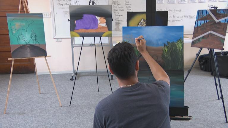 Artist Yeison Perez, 31, is a Venezuelan migrant whose work will be on display at Starting Point Community Church from April 5-6, 2024. (WTTW News)