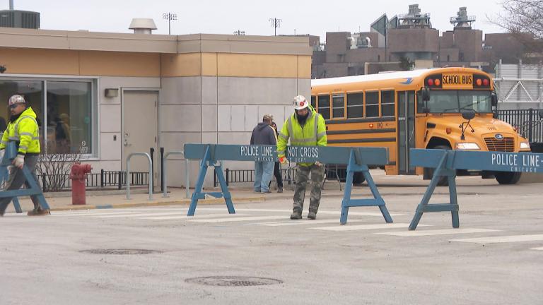 The city of Chicago’s landing zone for migrants at Desplaines and Polk streets on Jan. 3, 2024. (WTTW News)